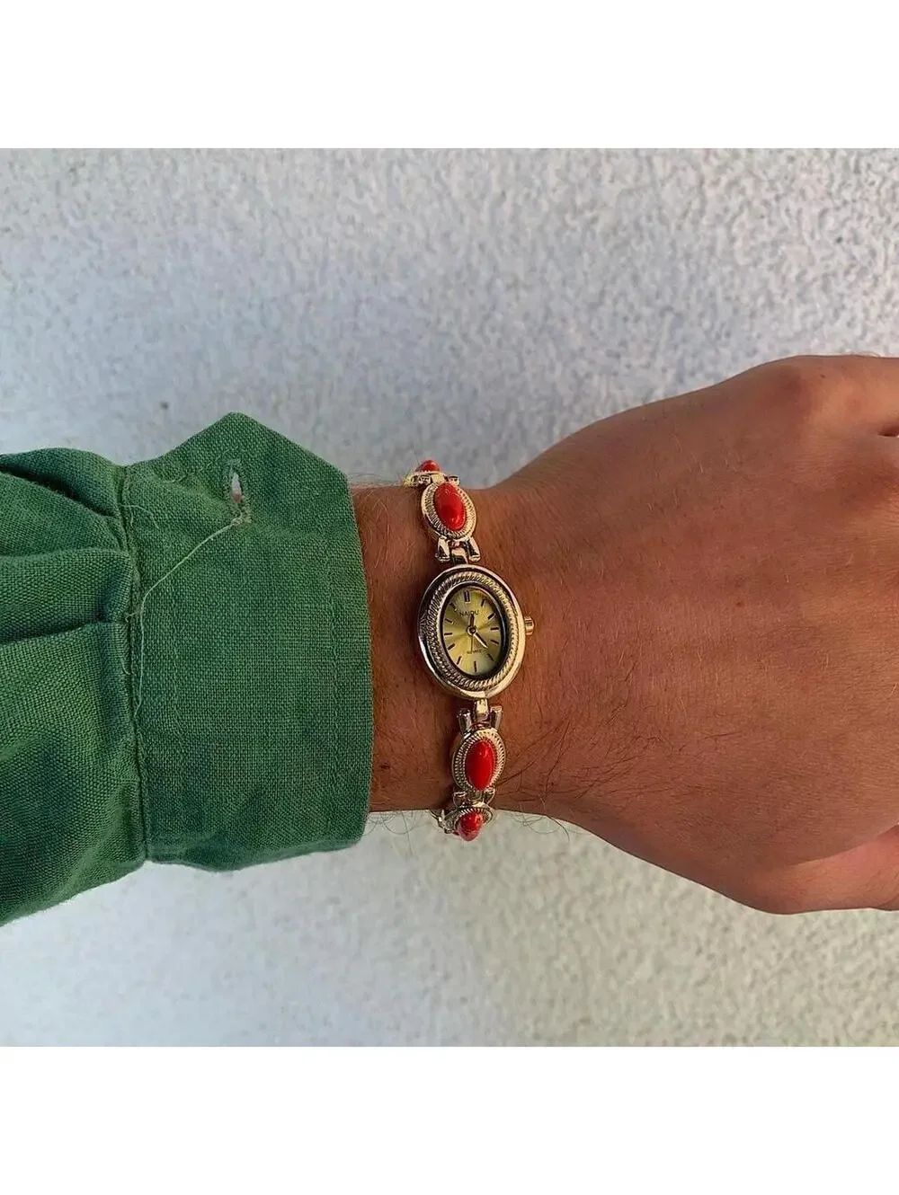 Y2k style Dainty cute Gold style tone quartz watch with red green jade stone